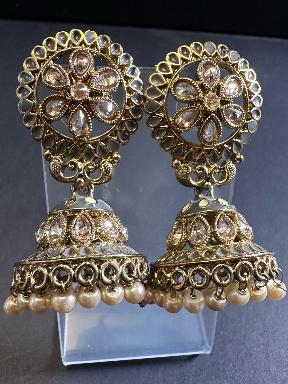 Blush Crystal & Suede Gray Enamel Indian Jhumka Earrings